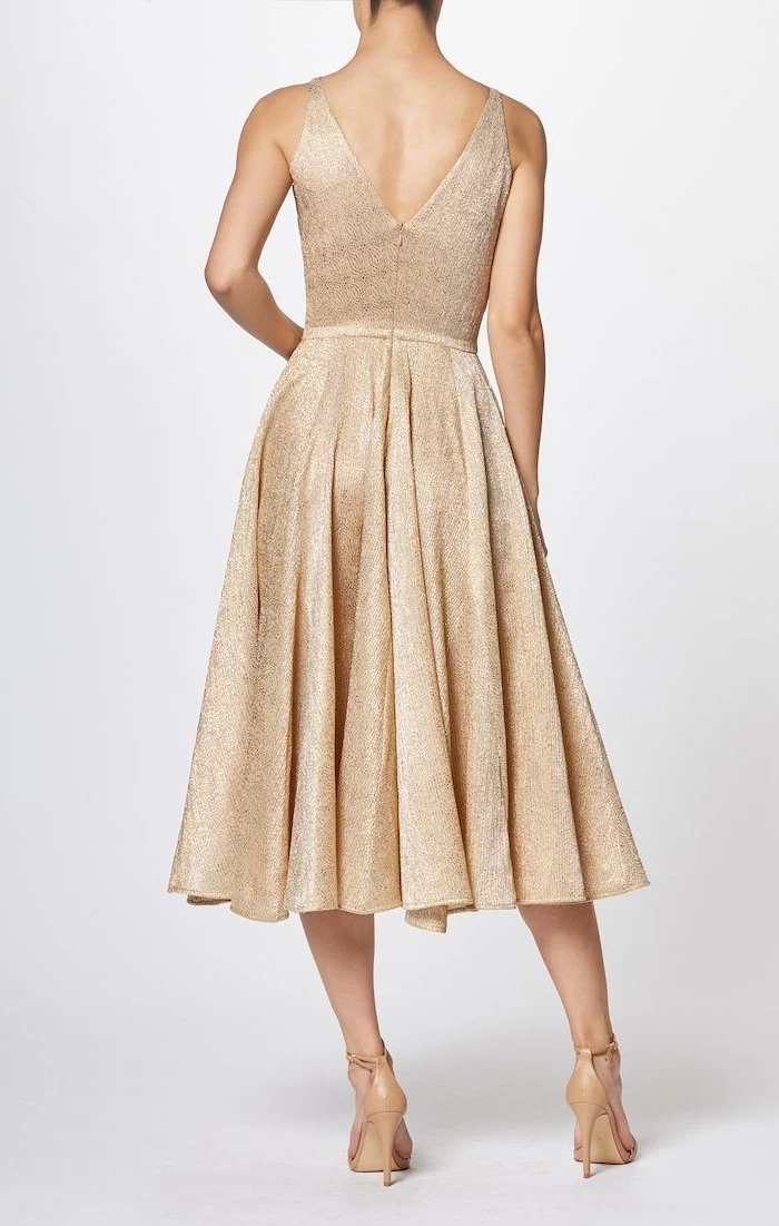 gold pleated dress, below the knee length, nude sandals, sequin bridesmaid dresses