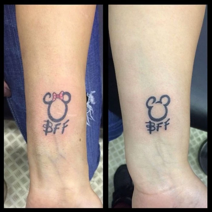 mickey and minnie mouse, bff inscription, matching bestfriend tattoos, forearm tattoos