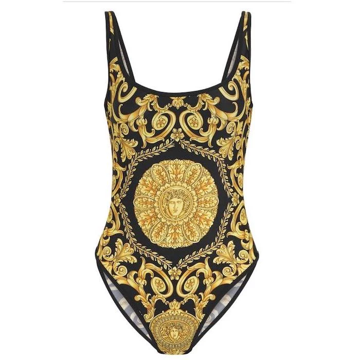 versace in black and gold, one piece, girls one piece swimsuit, white background