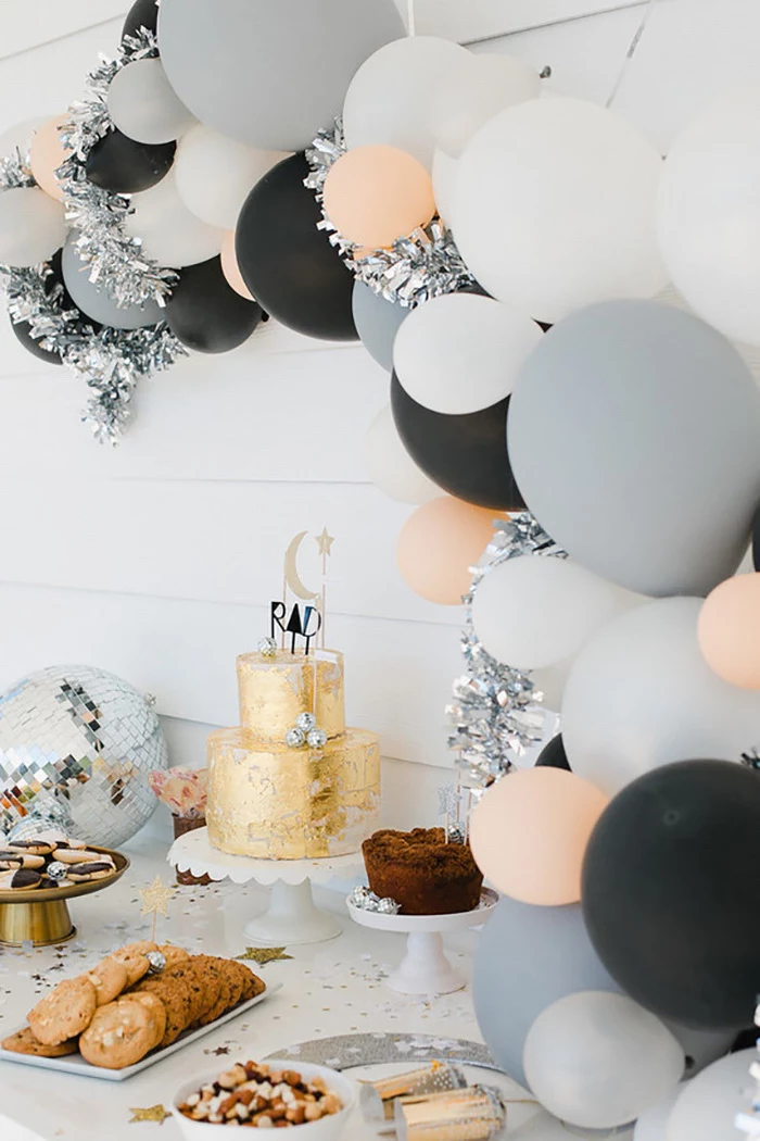 orange and black, grey and white balloons, gold cake, 13th birthday party ideas, white cake stands