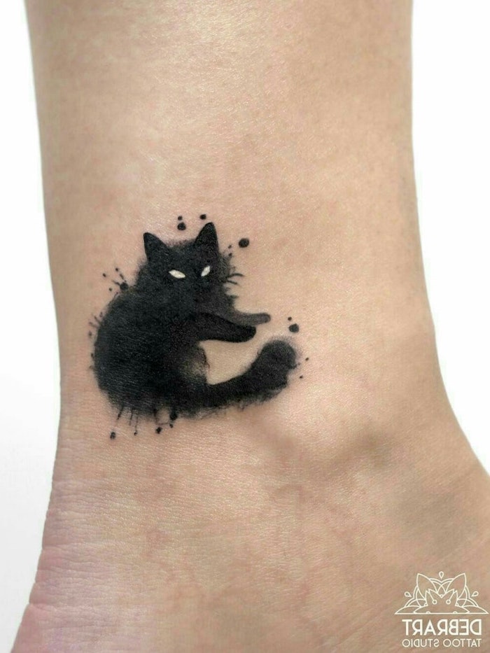 black cat, watercolor ankle tattoo, flower tattoos, white background