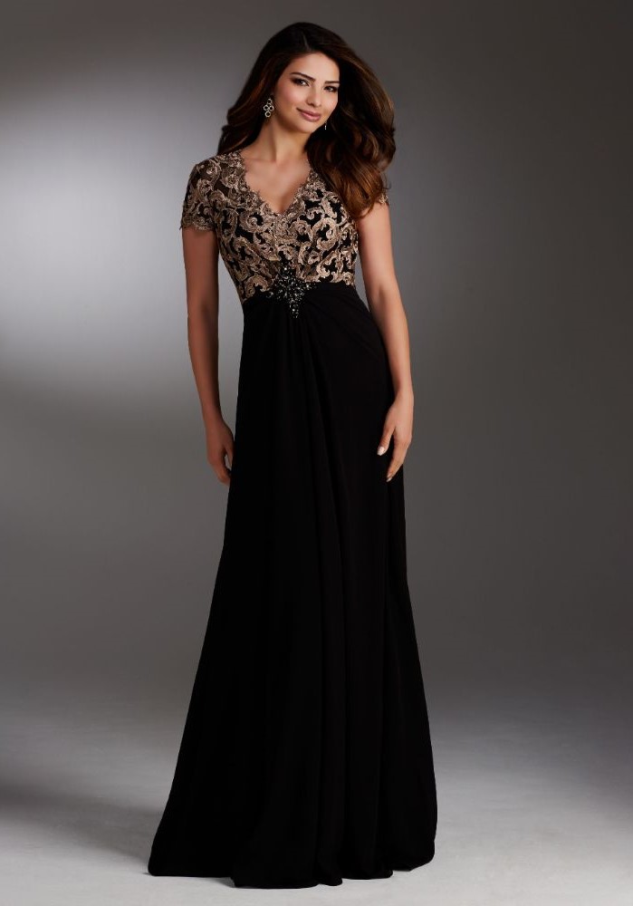 black chiffon, gold lace, mother of the bride dresses, brown wavy hair, grey background