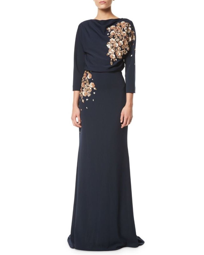 mother of the bride gowns, black chiffon, golden lace, long sleeves, white background