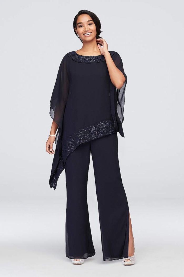 black chiffon, sequin lines, two piece suit, mother of the bride dresses, black hair, in a low updo, wide sleeves