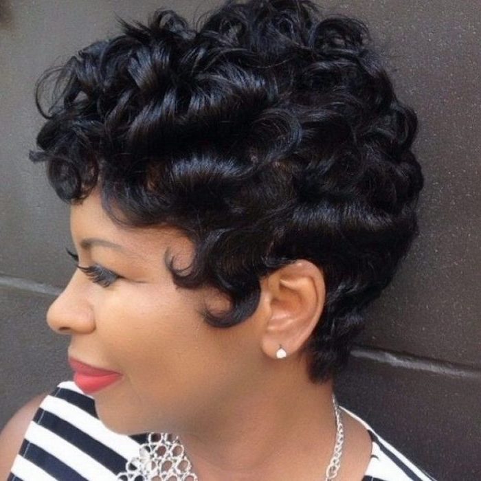 red lipstick, short natural hairstyles for black women, black curly hair, black and white striped shirt