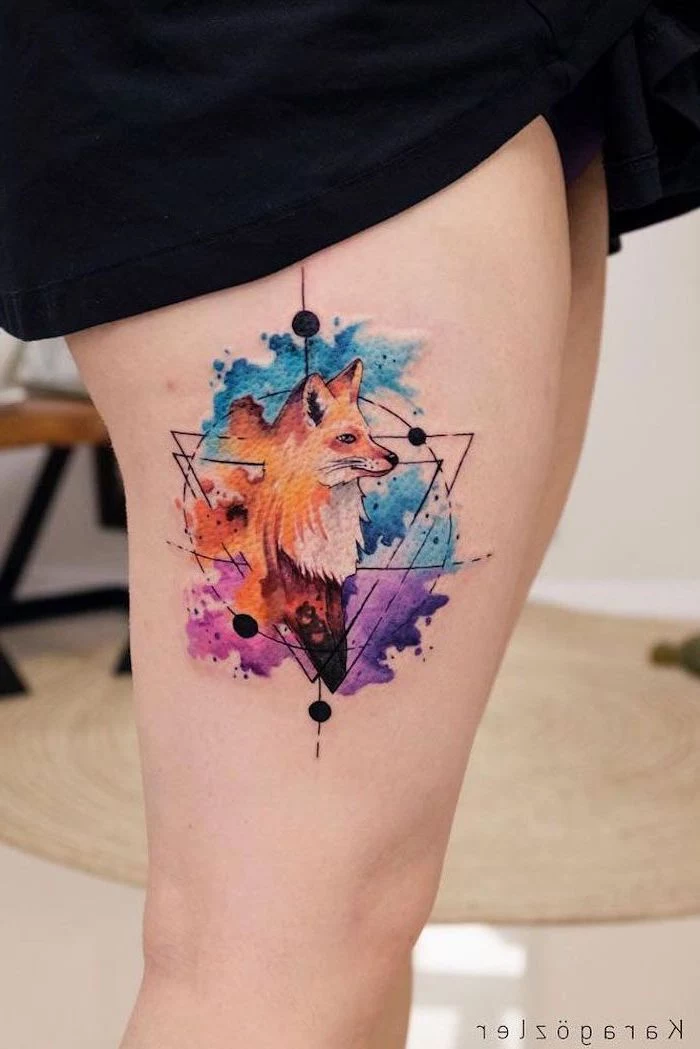 small flower tattoos, geometrical fox, watercolor thigh tattoo, black dress