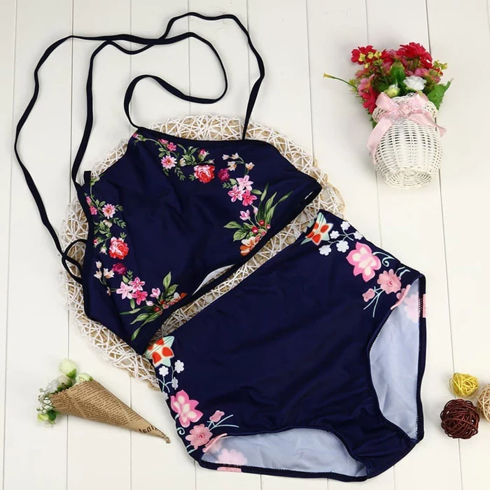 girls swimsuits, black with floral print, high waisted bottom, halter neck top