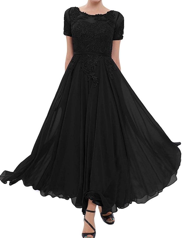 black lace and chiffon, mother of the bride gowns, black sandals, white background