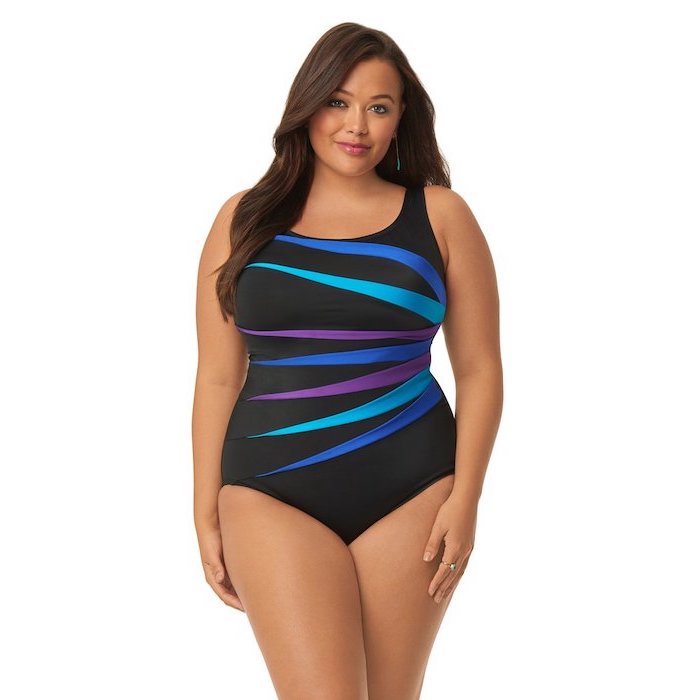 black with blue and purple lines, one piece, girls swimsuits, woman with long brown hair