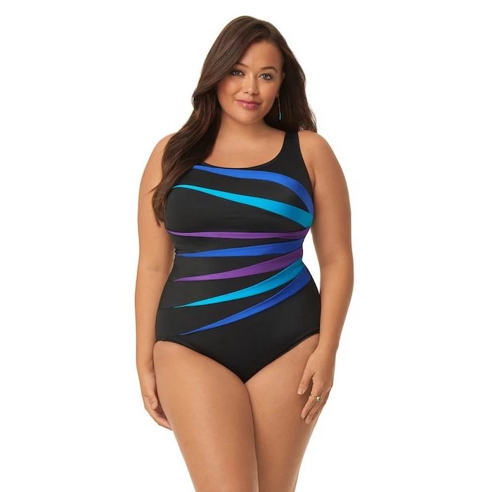 black with blue and purple lines, one piece, girls swimsuits, woman with long brown hair