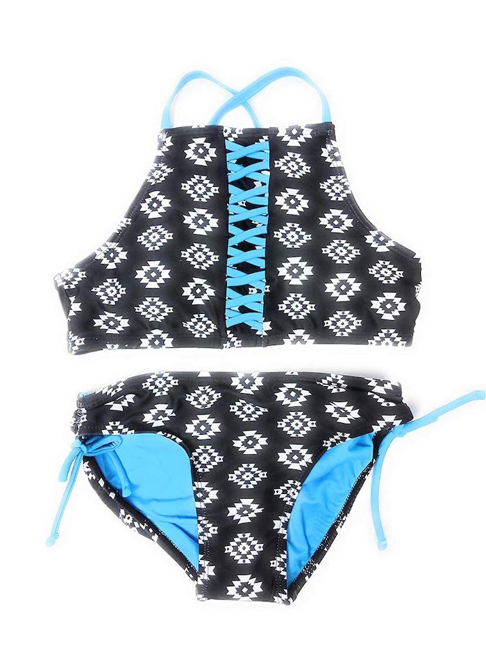 black and white print, blue straps, little girls swimsuits, two piece, white background