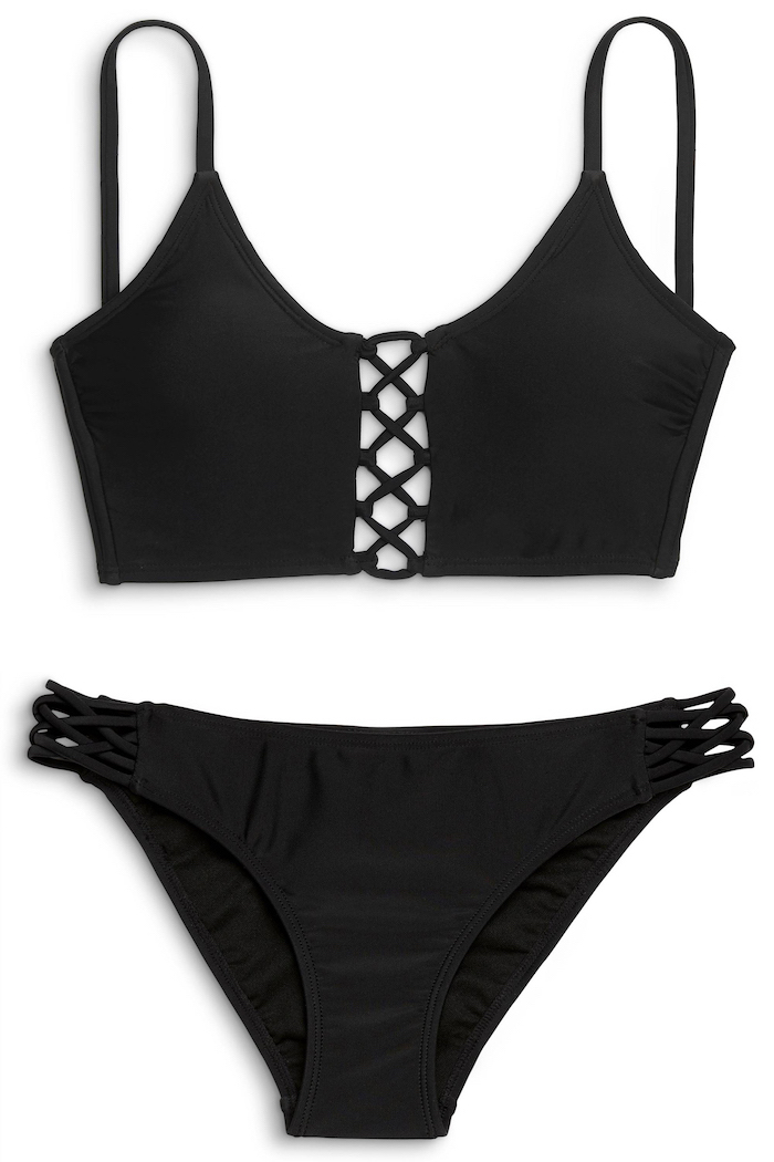 black two piece, white background, little girl swimsuits