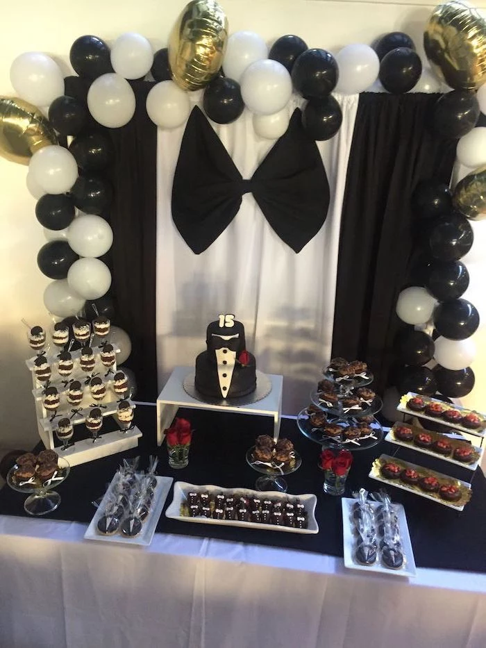 tuxedo theme, tuxedo cake, cupcakes and cookies, 13th birthday party ideas, black and white balloons