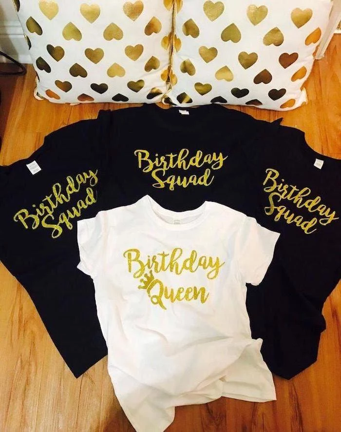 birthday squad, birthday queen, black and white t shirts, 13th birthday party ideas, white and gold pillows