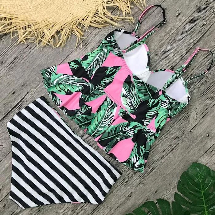 black and white stripes, high waisted bottom, toddler bathing suits, pink with green leaves, printed top