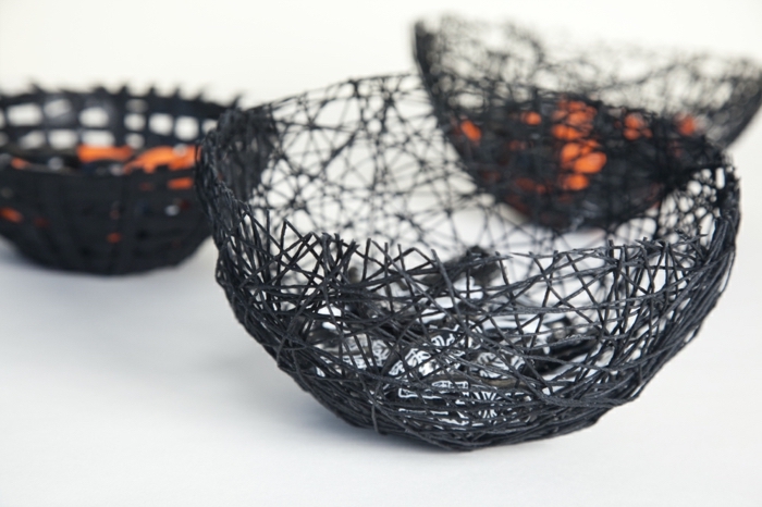 bowls made of black yarn, cool craft ideas, white background