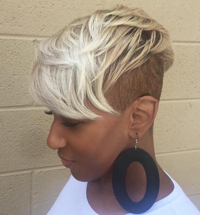 blonde hair, shaved sides, short hairstyles for black women, large black earrings, white top