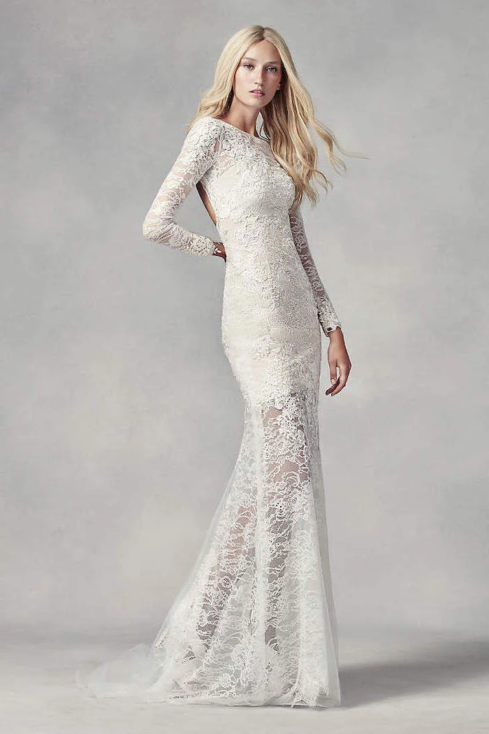 blonde long wavy hair, lace dress, beaded wedding dresses, white background
