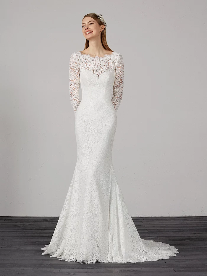 lace white dress, long sleeve wedding dresses, blonde straight hair, black wooden floor