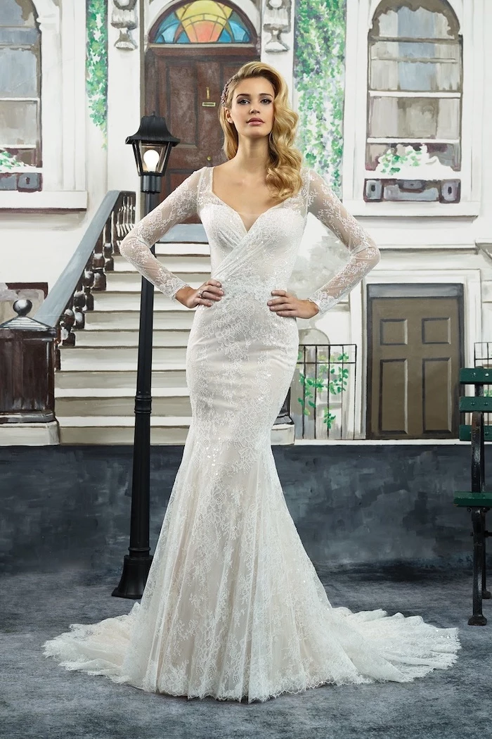 white lace dress, long sleeve lace wedding dress, long blonde wavy hair, v neckline