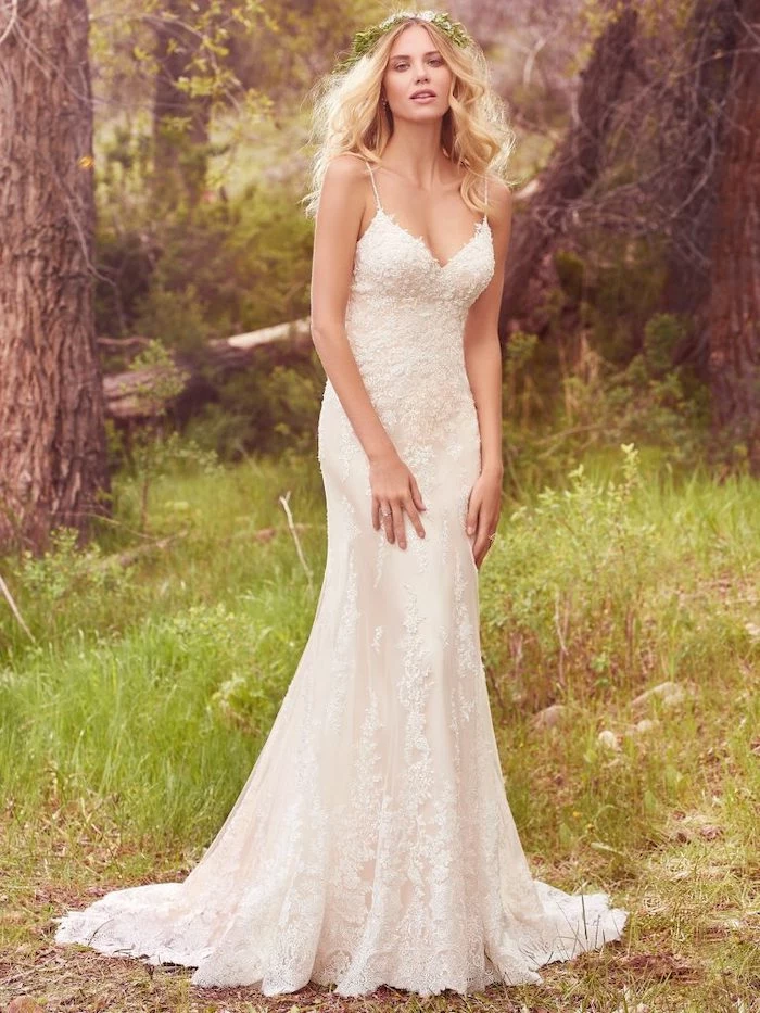 long lace dress, beach wedding dresses, long blonde wavy hair, flower crown, forest landscape