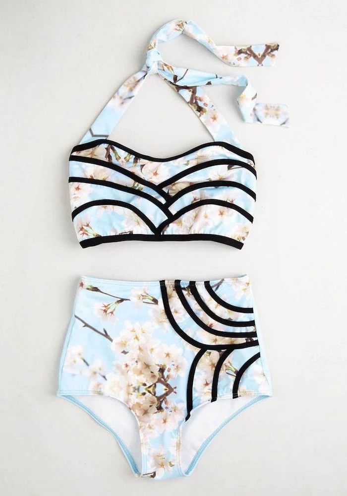 two piece, blue with blooming tree print, black lines, high waisted bottom, girls swimsuits
