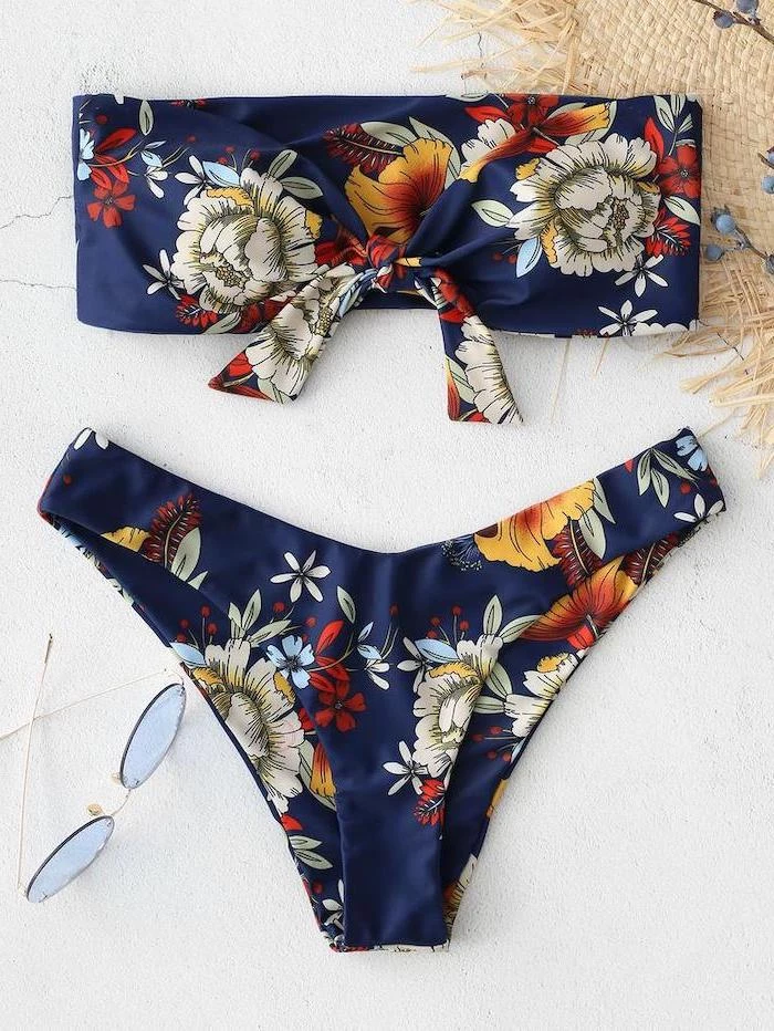 girls bathing suits, dark blue, floral print, two piece, high waisted bottom, strapless top