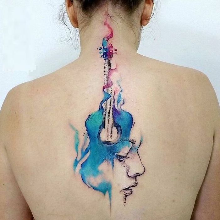 blue guitar, female face, watercolor back tattoo, delicate flower tattoos, white background