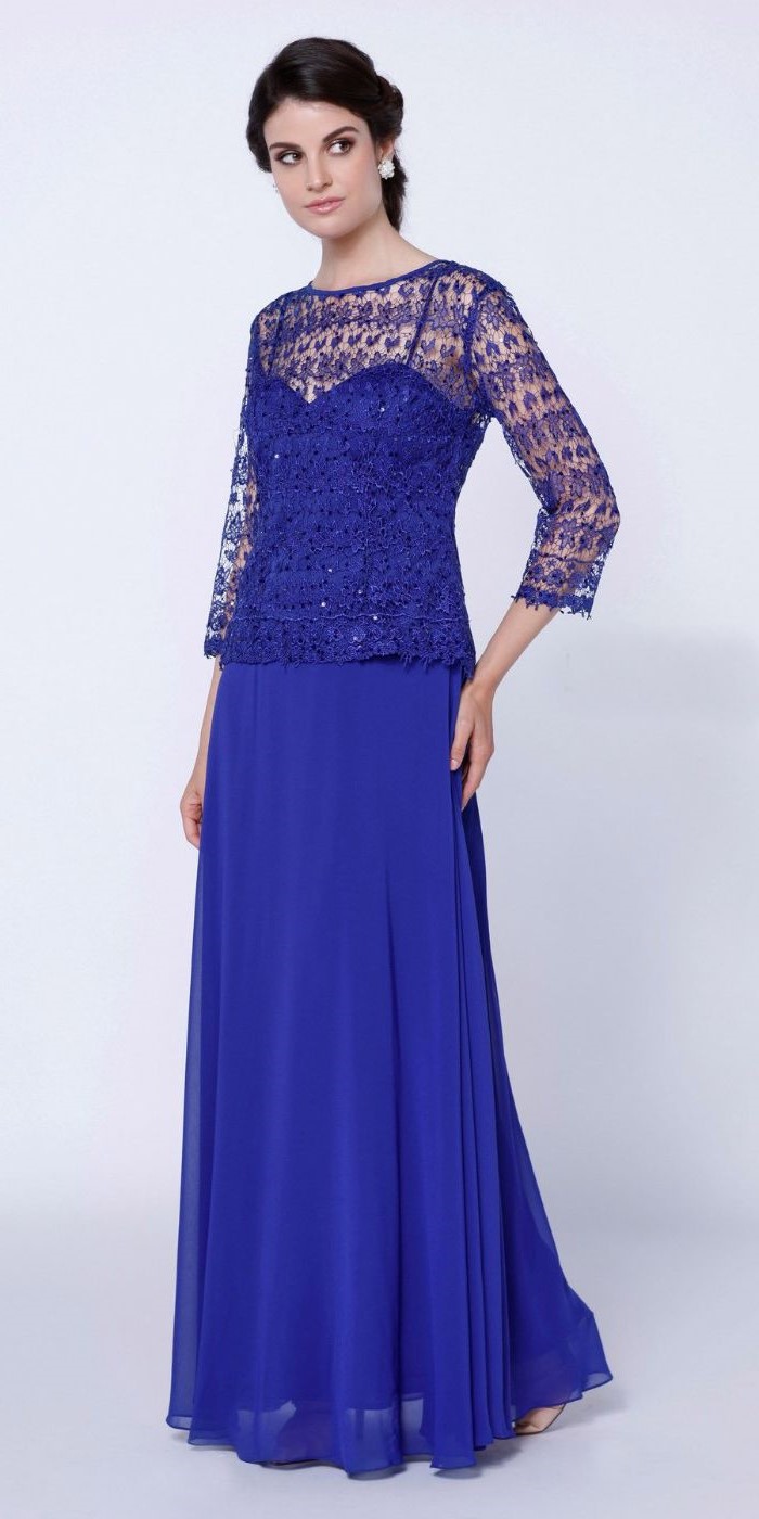 lace top, blue chiffon, mother of he bride summer dresses, black hair, in a low updo