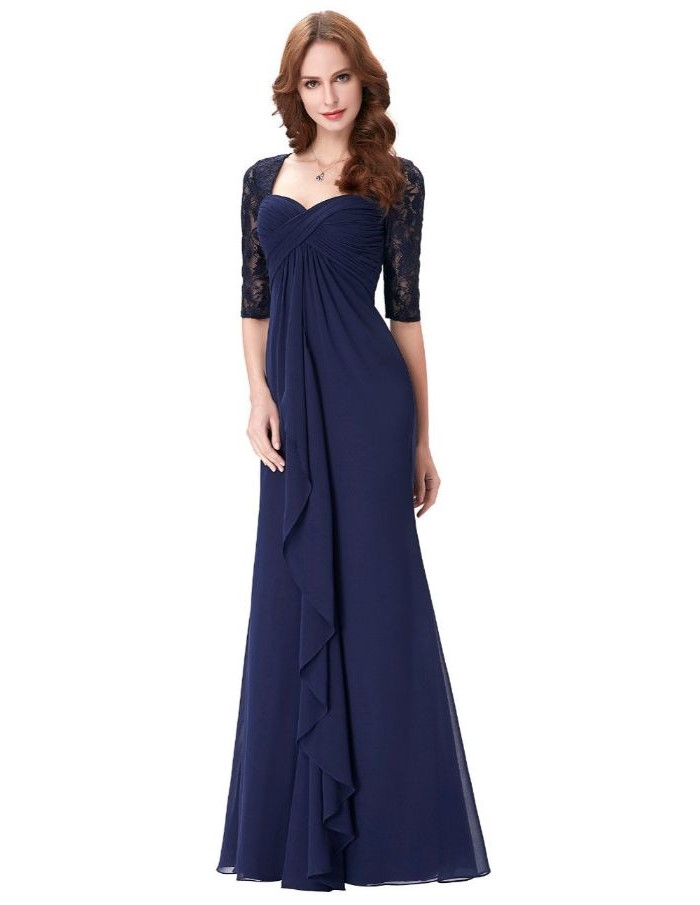 blue chiffon, lace quarter sleeves, mother of the bride summer dresses, long brown wavy hair