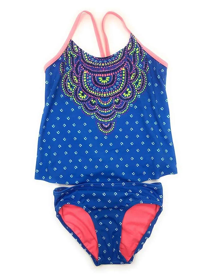 two piece, tween bathing suits, blue and white, colourful print, white background, pink straps