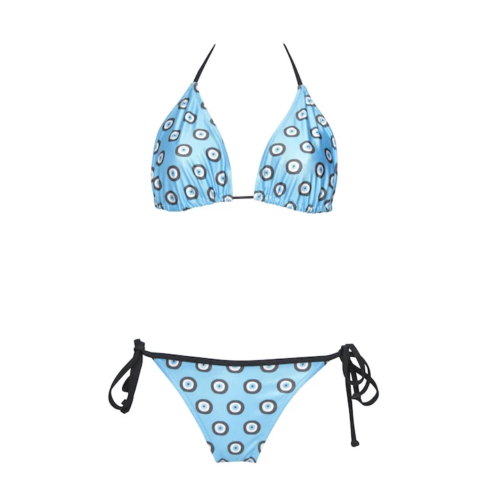 blue with white dots, two piece, tween bathing suits, white background, black straps