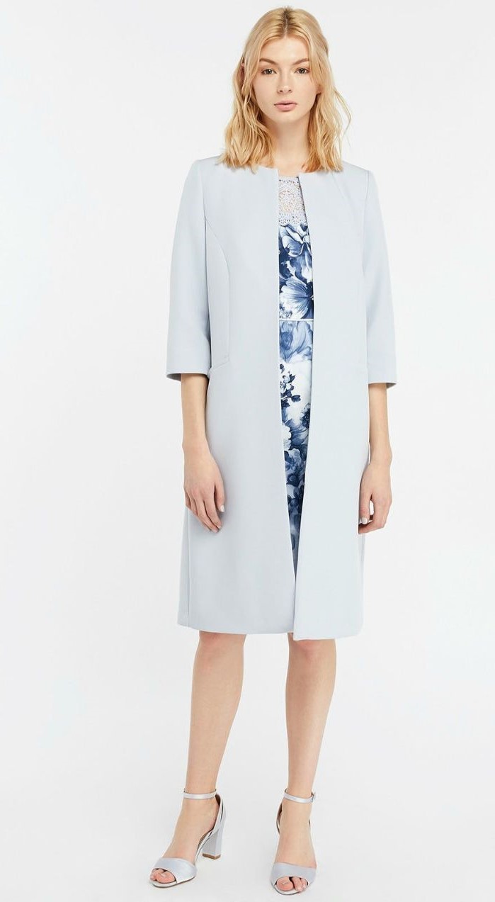 short blonde hair, blue and white dress, light blue coat, mother of the bride evening dresses, quarter sleeves