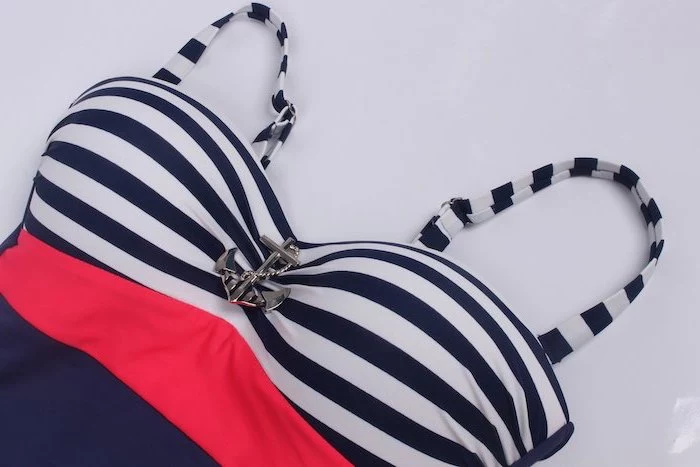 blue and white stripes, metal anchor, orange and dark blue, tween bathing suits