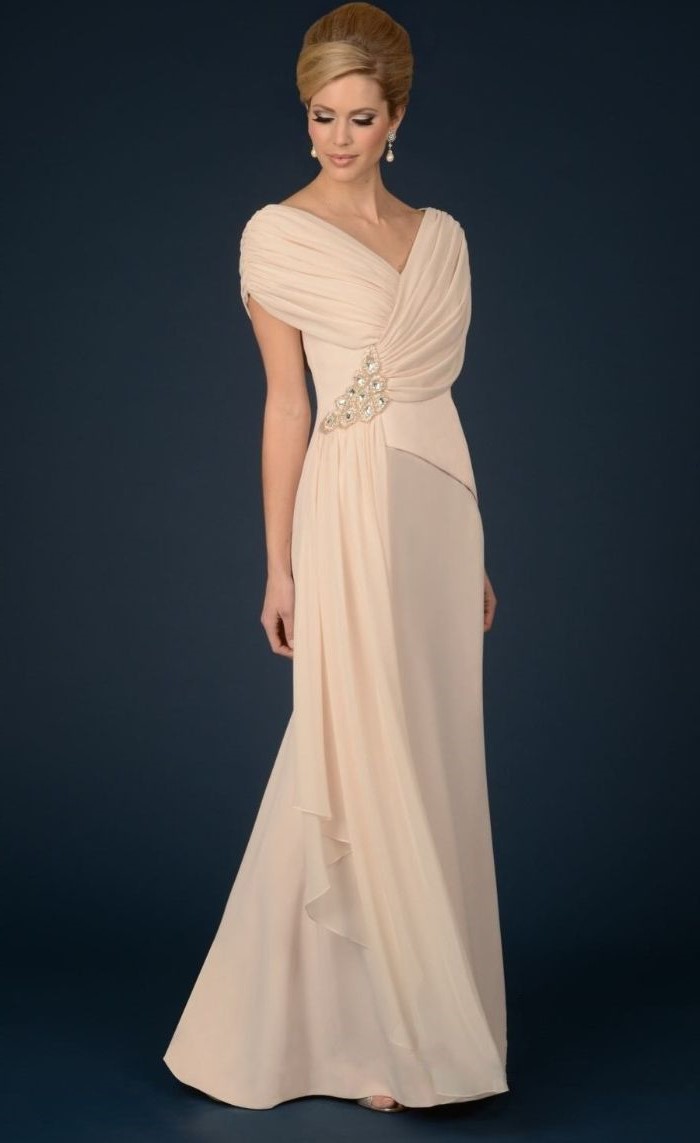 blush chiffon, mother of the bride evening dresses, off the shoulder neckline, blonde hair, in a low updo