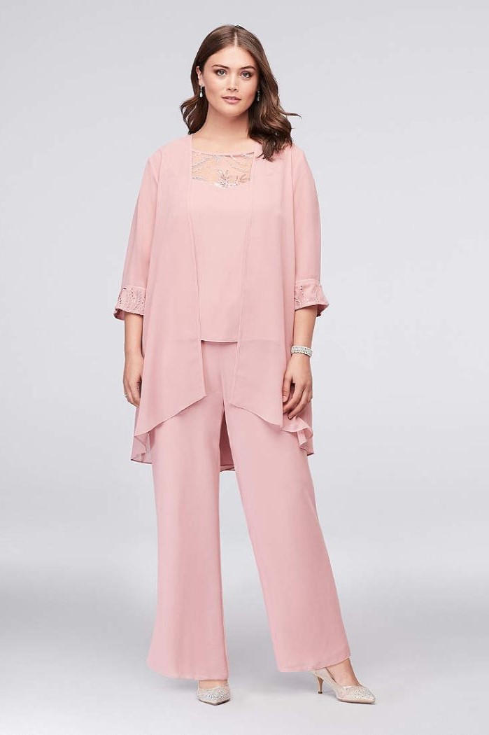 three piece suit, pink chiffon, top jacket and pants, mother of the bride tea length, brown wavy hair, nude heels