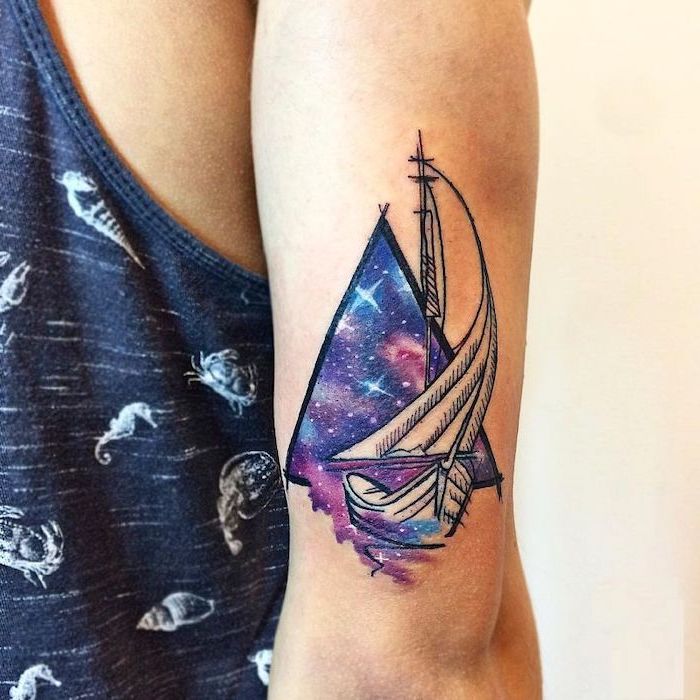 sailing boat, galaxy sky, back of arm, watercolor tattoo, small flower tattoos, blue top