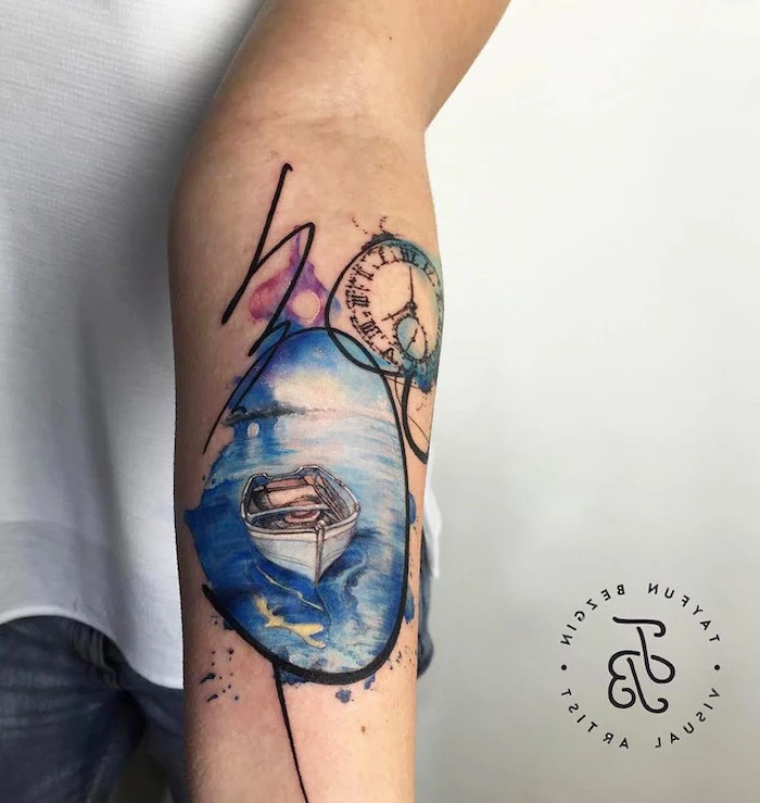 watercolor forearm tattoo, boat sailing, blue water, white top, white background