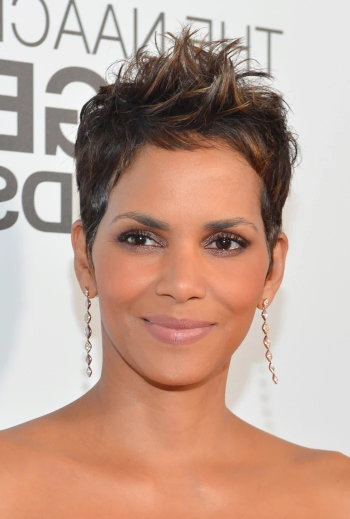 halle berry, long hanging earrings, black hair, brown highlights, short haircuts for black women