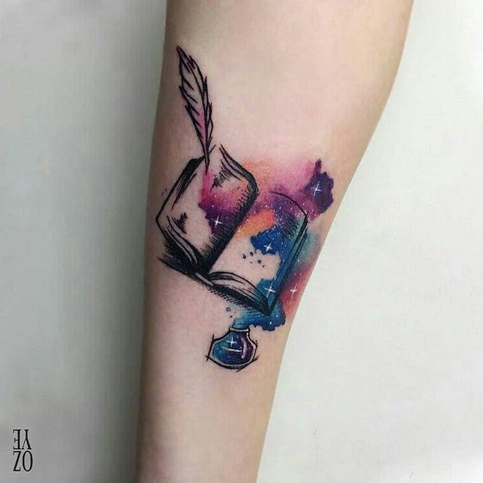 watercolor book, ink and quill, forearm tattoo, watercolor feather tattoo, white background