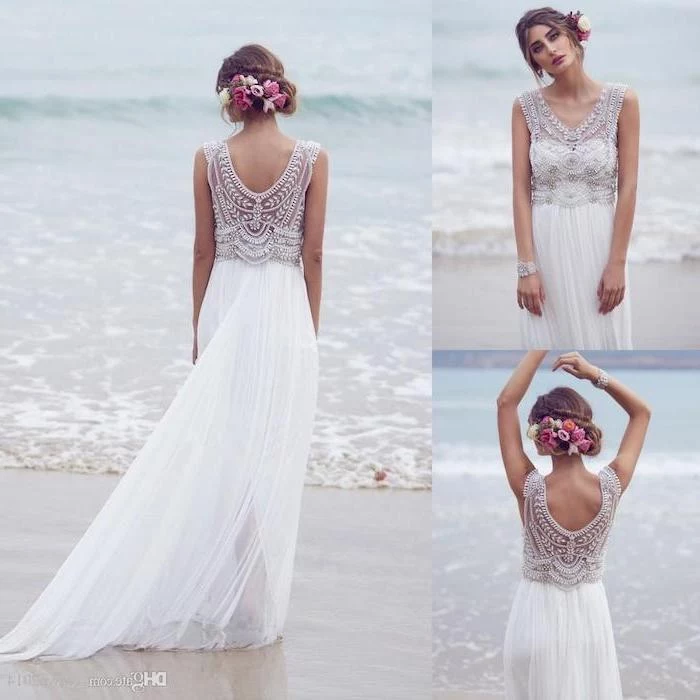 photo collage, lace top, chiffon skirt, floral hair accessory, boho beach wedding dress, brown hair