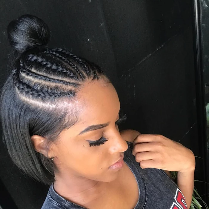 short hairstyles for black girls, braided, bun, straight black hair, grey top