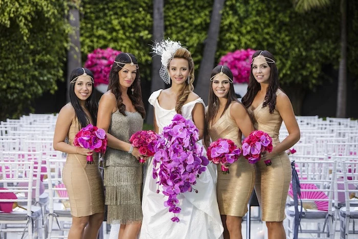 vintage style, short gold dresses, purple flower bouquets, rose gold sequin bridesmaid dresses