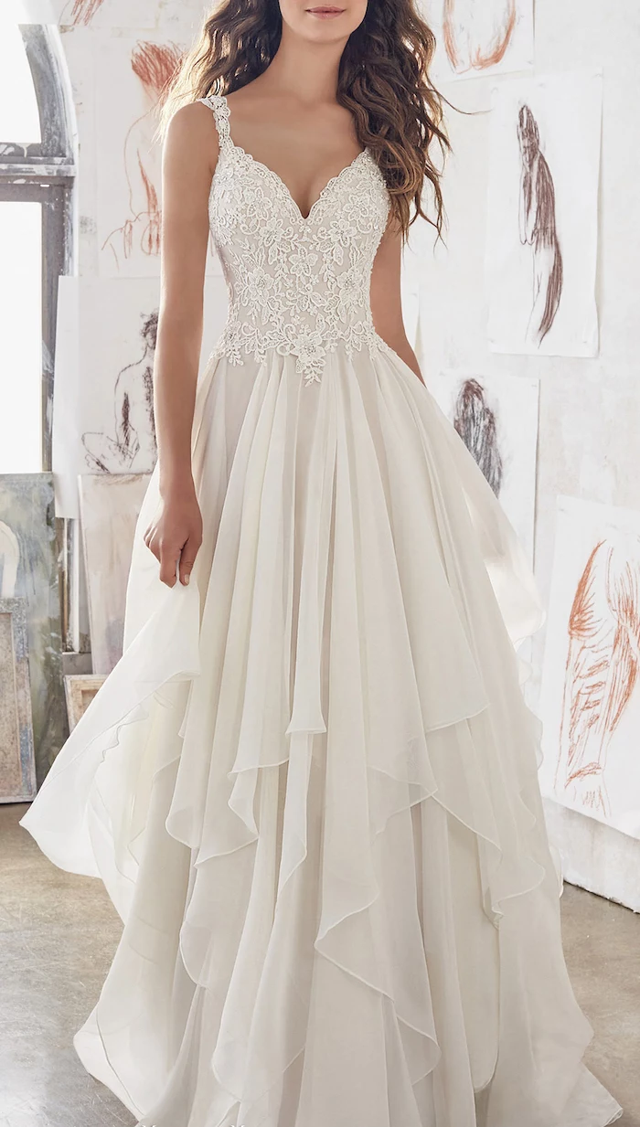 long white dress, lace corset, chiffon skirt, plus size beach wedding dresses, long brown curly hair