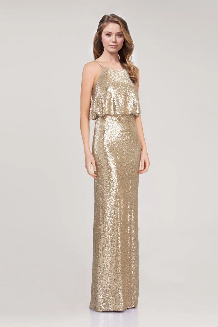 spaghetti straps, long sequinned dress, rose gold bridesmaid dresses, long brown wavy hair