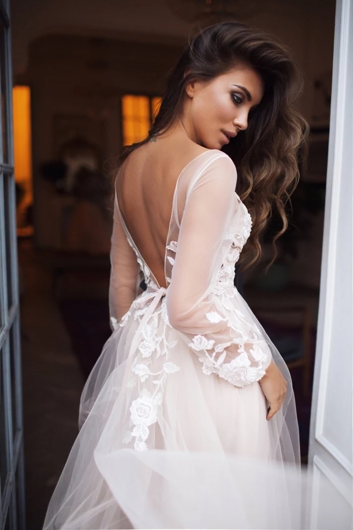brown long wavy hair, tulle and lace, wedding dresses with sleeves, bare back