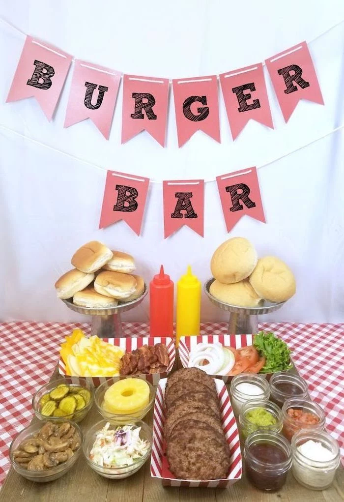 burger bar, birthday party themes, lettuce and tomato, ketchup and mustard, make your own burger