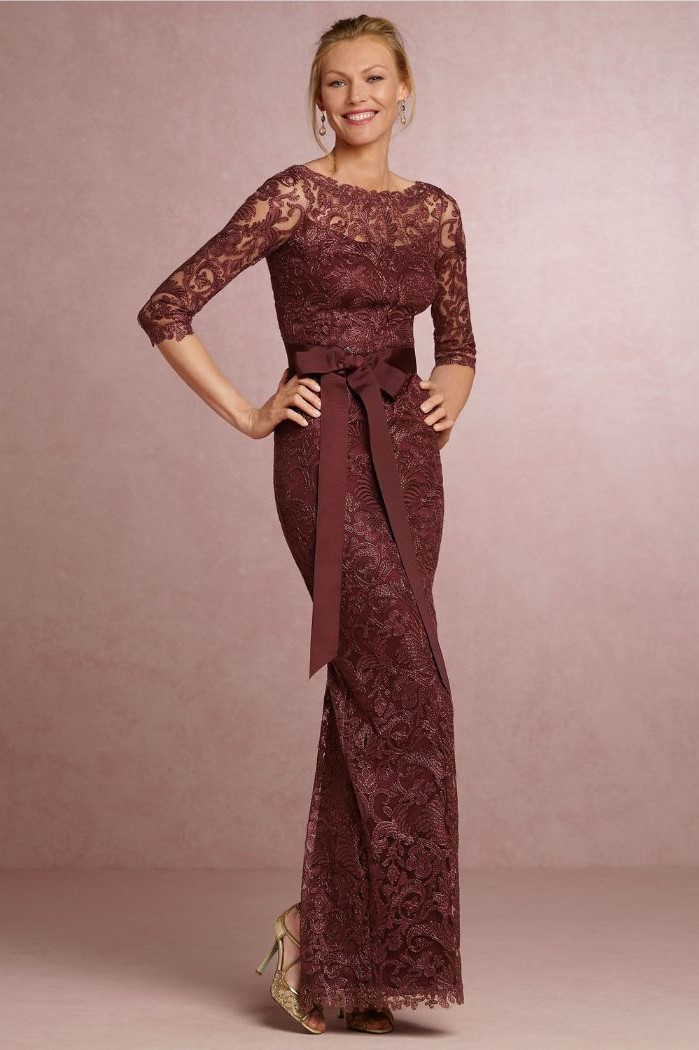 red burgundy, lace dress, mother of the bride tea length, quarter sleeves, blonde hair, in a low updo