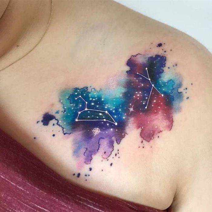 galaxy sky, cancer and leo constellations, watercolor shoulder tattoo, small flower tattoos