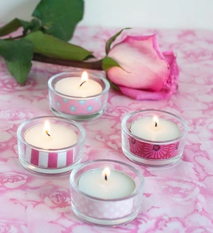 glass candle holders, with washi tape, arts and crafts for toddlers, pink rose